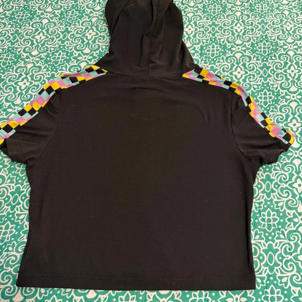 Dazl Girls Black Checkered Stripe Short Sleeve Hooded Crop Top Size L
